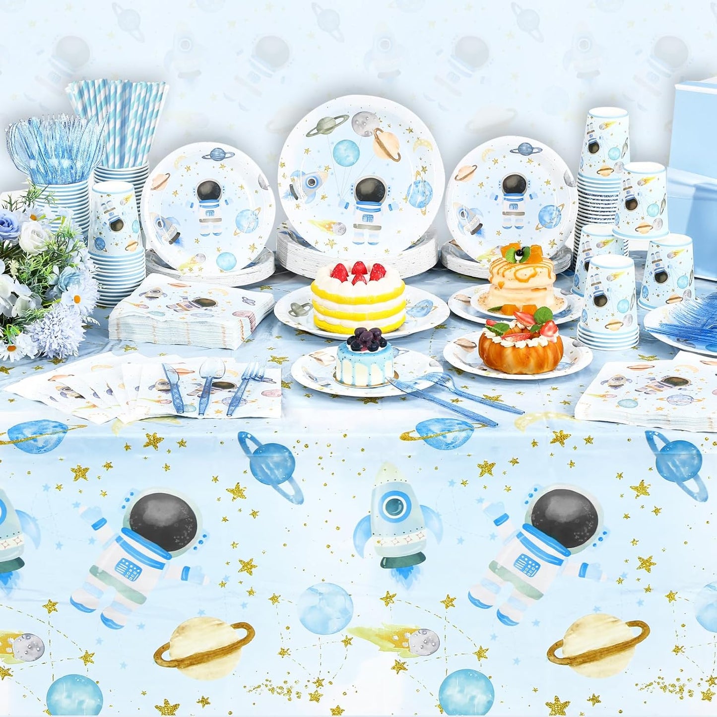 452 Pcs Space Themed Party Decorations for 50, Blue Space Astronaut Paper Plates Napkins Cups Tablecloth Cutlery Straws for First Trip Around The Sun Planet Birthday Baby Shower Party Supply
