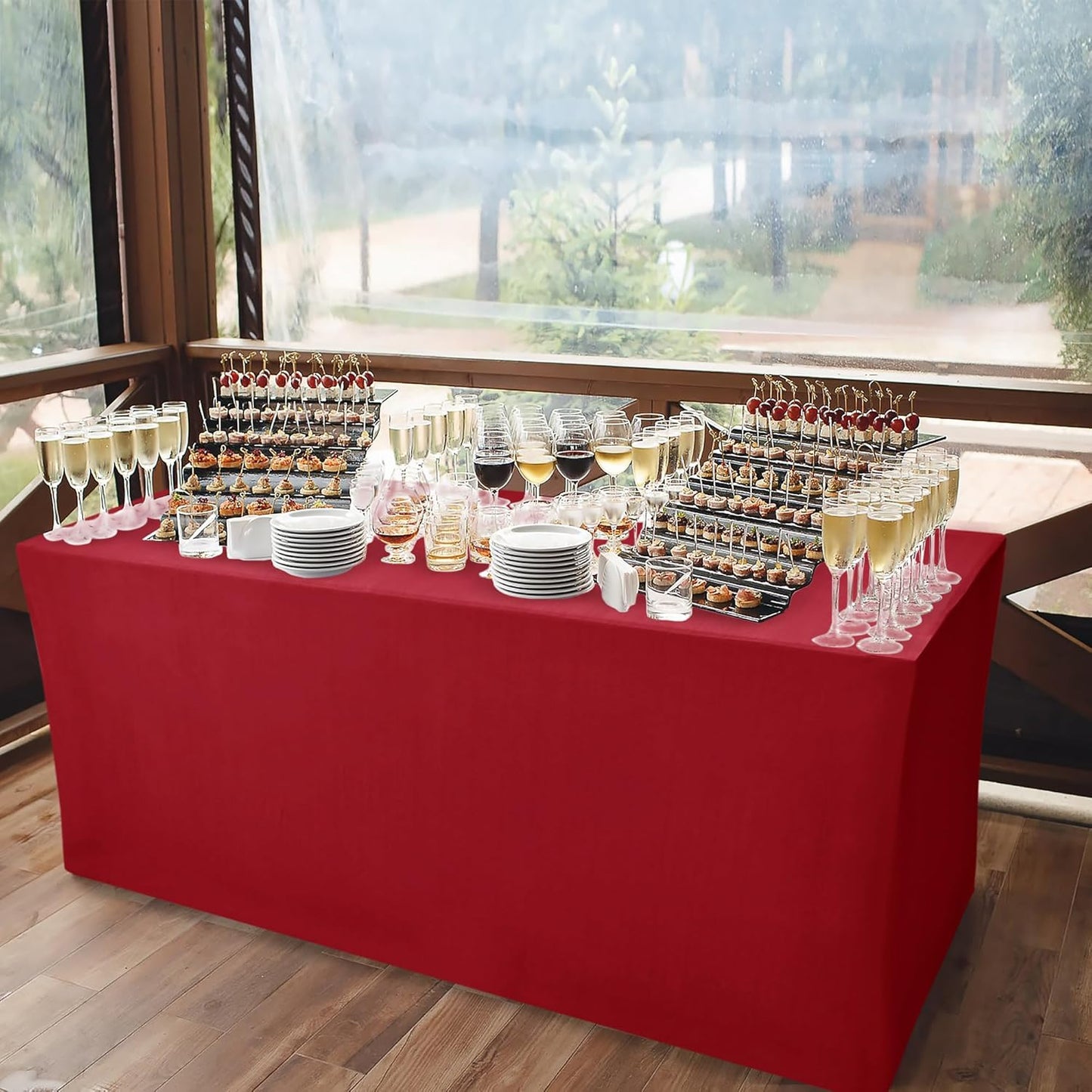 Nasitos Fitted Red Tablecloths for 8 Foot Tables - 96 x 30 Inch - 2 Pack Stretch Spandex Rectangle Table Clothes, Fabric Table Covers for Parties, Trade Show, Craft Show, Birthday