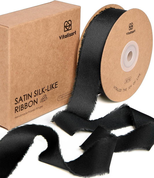 Vitalizart Silk Like Satin Ribbon 1 inch x 30 Yard Black Handmade Frayed Ribbons for Gift Wrapping Baby Shower Wedding Bridal Bouquets Holiday Decor