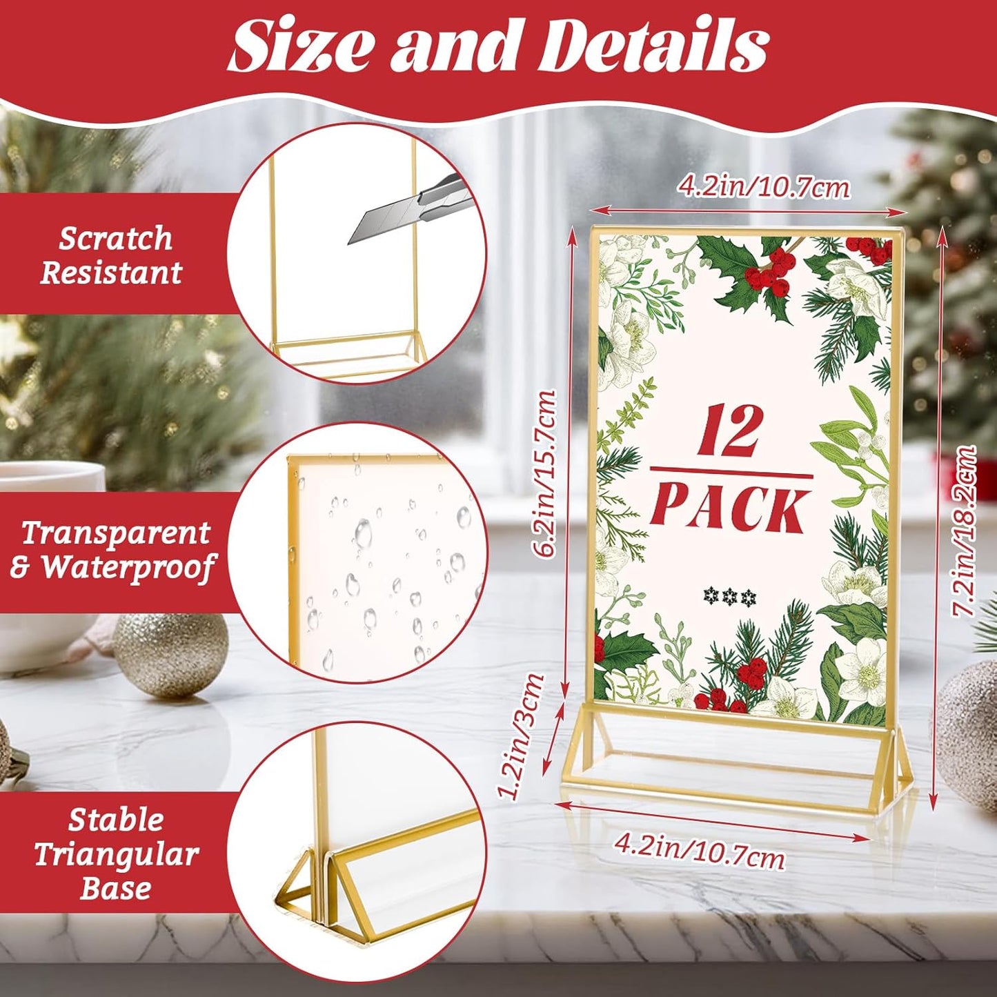 12 Pack Acrylic Sign Holder 4 x 6 Gold Picture Frames, Double Sided Flyer Display Holder Menu Holder, Acrylic Frames for Wedding Table Number