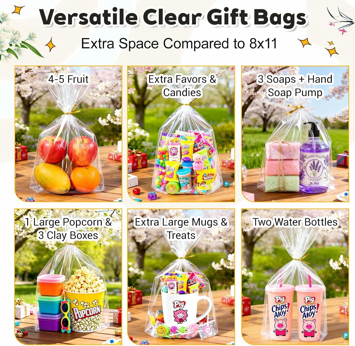 PigPotParty 10"x 14", 100Pcs Bottom Gusset Bags, Clear Plastic Gift Bags, Cellophane Mug Treat Goodie Bags with 100x Twist Ties, Large Party Favor Packaging, Toy Wrapping (No Side Gusset)