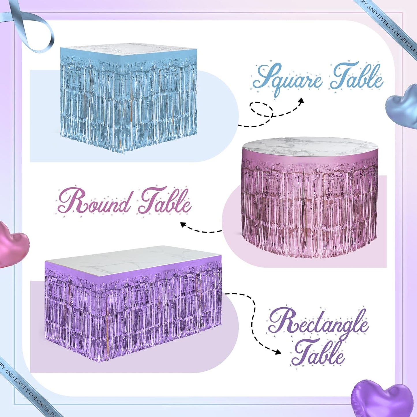 3 Pack Light Pink & Blue & Purple Table Skirts, 29x108" Metallic Foil Tinsel Fringe Table Skirt for Rectangle Tables Streamer Curtains Backdrop, Party Decorations for Birthdays, Weddings, Holidays