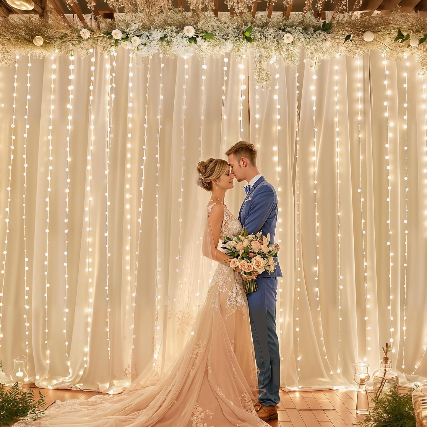 10ft x 10ft Champagne Chiffon Backdrop Curtain with Lights String for Parites Wedding Wrinkle Free Curtain Photo Backdrops Drapes for Baby Shower Birthday Party Home Decorations