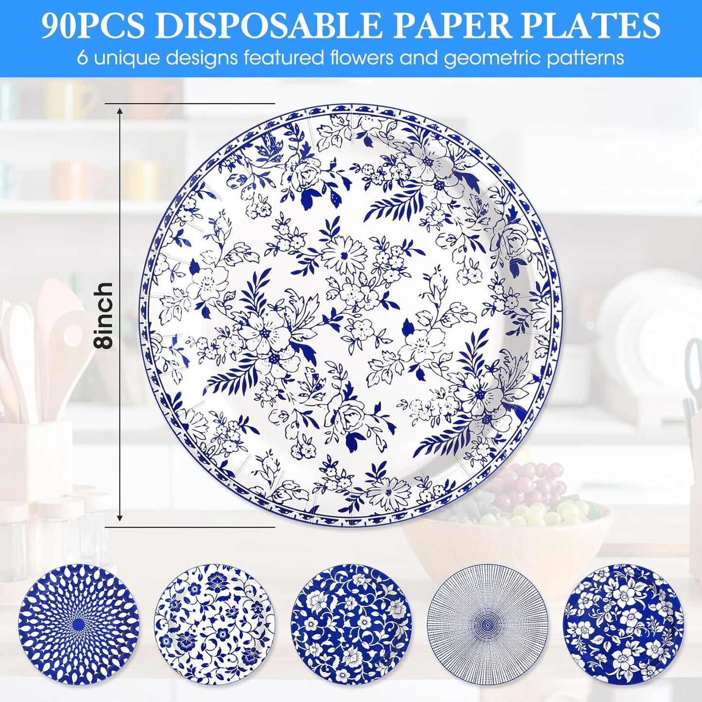 90 Pcs Paper Plates 8 Inch Bulk Thick Heavy Duty Disposable Plates Printed Blue and White Plate for Party, Wedding, Birthday, Tea, Picnic Barbecue, Everyday Use, Soak Proof, Cut Proof