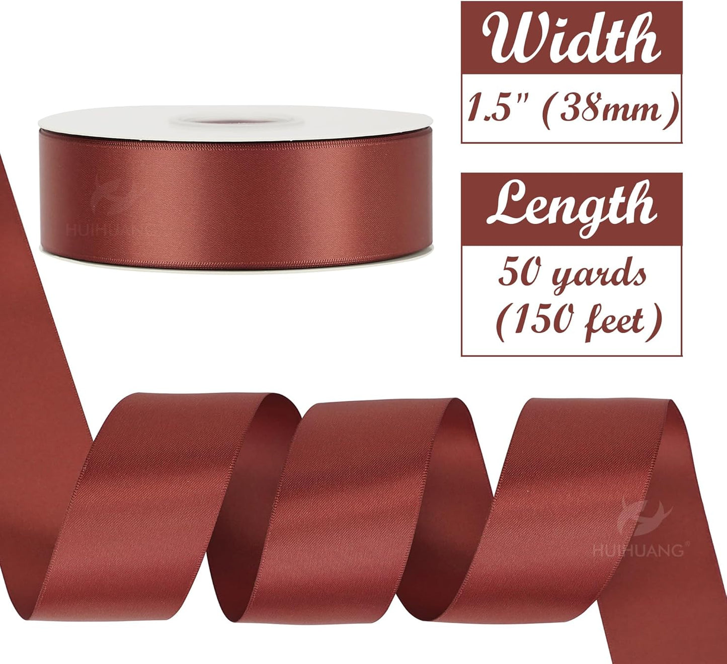 HUIHUANG 1-1/2 inch Double Face Satin Ribbon, Polyester Satin Rust Red Ribbon 50 Yards Per Roll for Gift Wrapping Bows Making Floral Bouquet Wedding Invitations Decor Party Favor and Craft Supplies