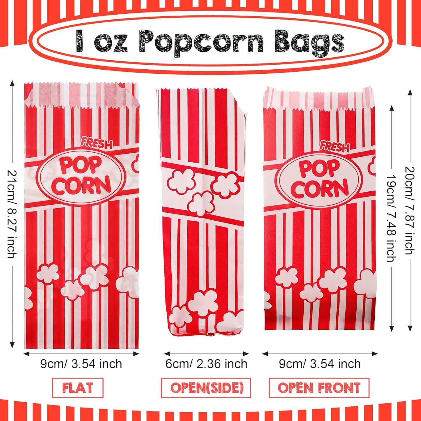 300 Pcs Popcorn Bags Paper Grease Resistant Popcorn Bags Disposable Red and White Striped Popcorn Container for Family Movie Night Movie Party Carnival Theater Popcorn Machine (1 oz)