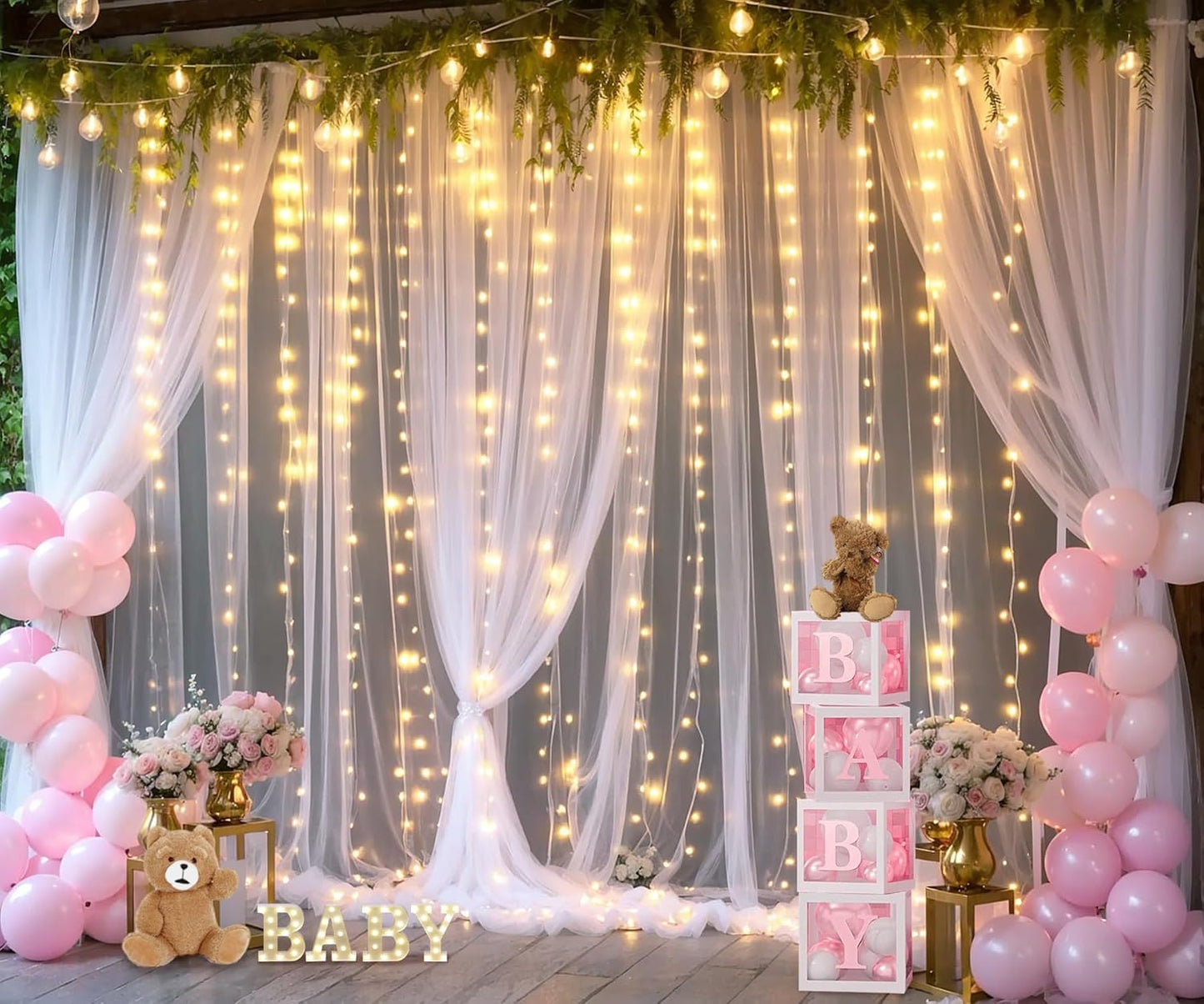 White Tulle Backdrop Curtain with Lights String for Parites 10×8ft Sheer Backdrop Curtains White Curtain Backdrop for Wedding Baby Shower Birthday Party Photo Shoot Decorations(2 Panels 10ft×8ft)