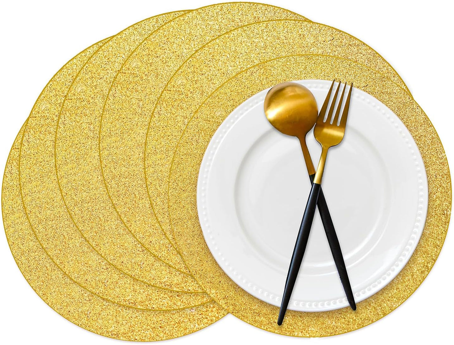 50 Pieces Gold Glitter Paper Place Mats Sparkle Round Disposable Table Mats Golden Sequin Doilies Decorative Placemats for Wedding Banquet Party Home Dining Tableware