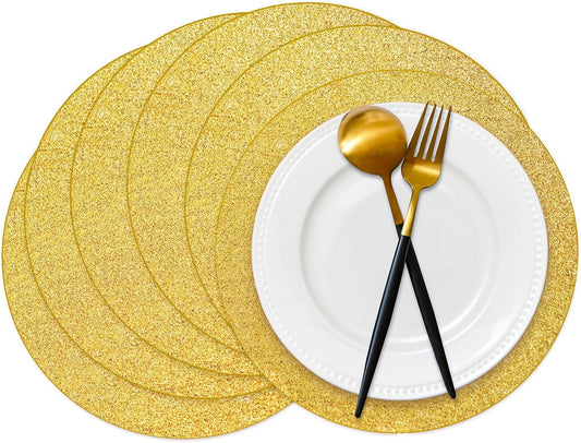 50 Pieces Gold Glitter Paper Place Mats Sparkle Round Disposable Table Mats Golden Sequin Doilies Decorative Placemats for Wedding Banquet Party Home Dining Tableware