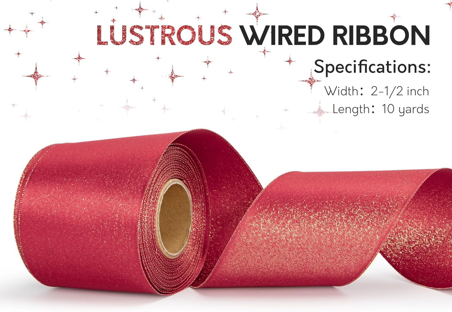 Christmas Ribbon Wired Red Satin Ribbons 2-1/2 Inch Double-Faced Gold Glitter for Tree Decoration, Wreath, Gift Wrapping, Home Decor 10 Yards