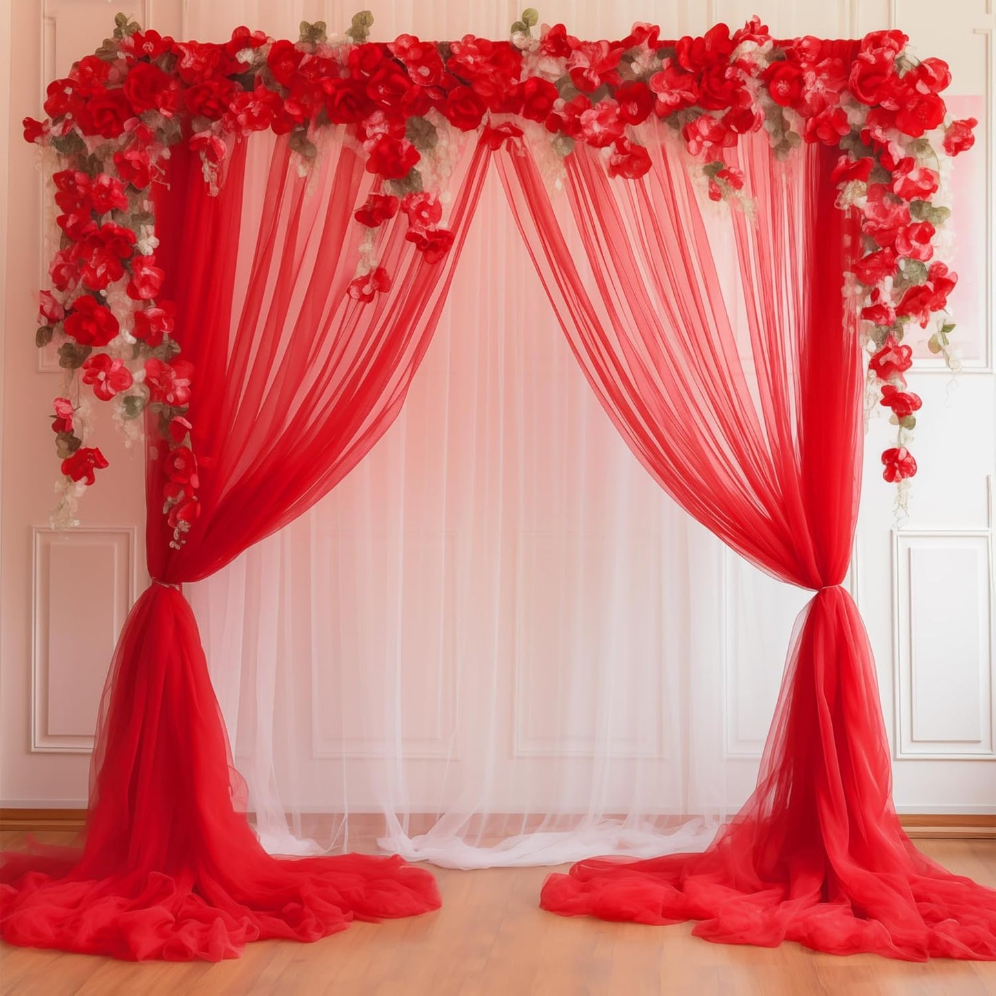 10x10 Red Tulle Backdrop Curtains for Parties, Sheer Backdrop Curtain Wedding Photo Background Drapes for Baby Shower Photography Birthday Party