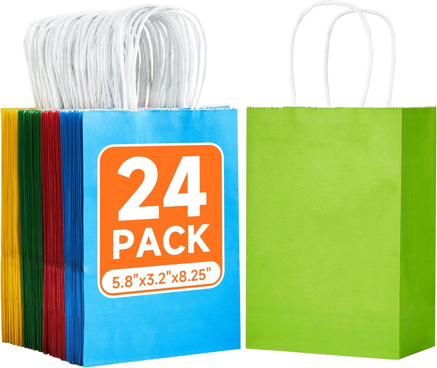 METAPRINT 24 Pcs Rainbow Paper Gift Bags with Handles in Bulk, 5.8x3.2x8.25 inch Small Kraft Paper Bags for Birthdays, Party Favors, Wedding (6 Colors)