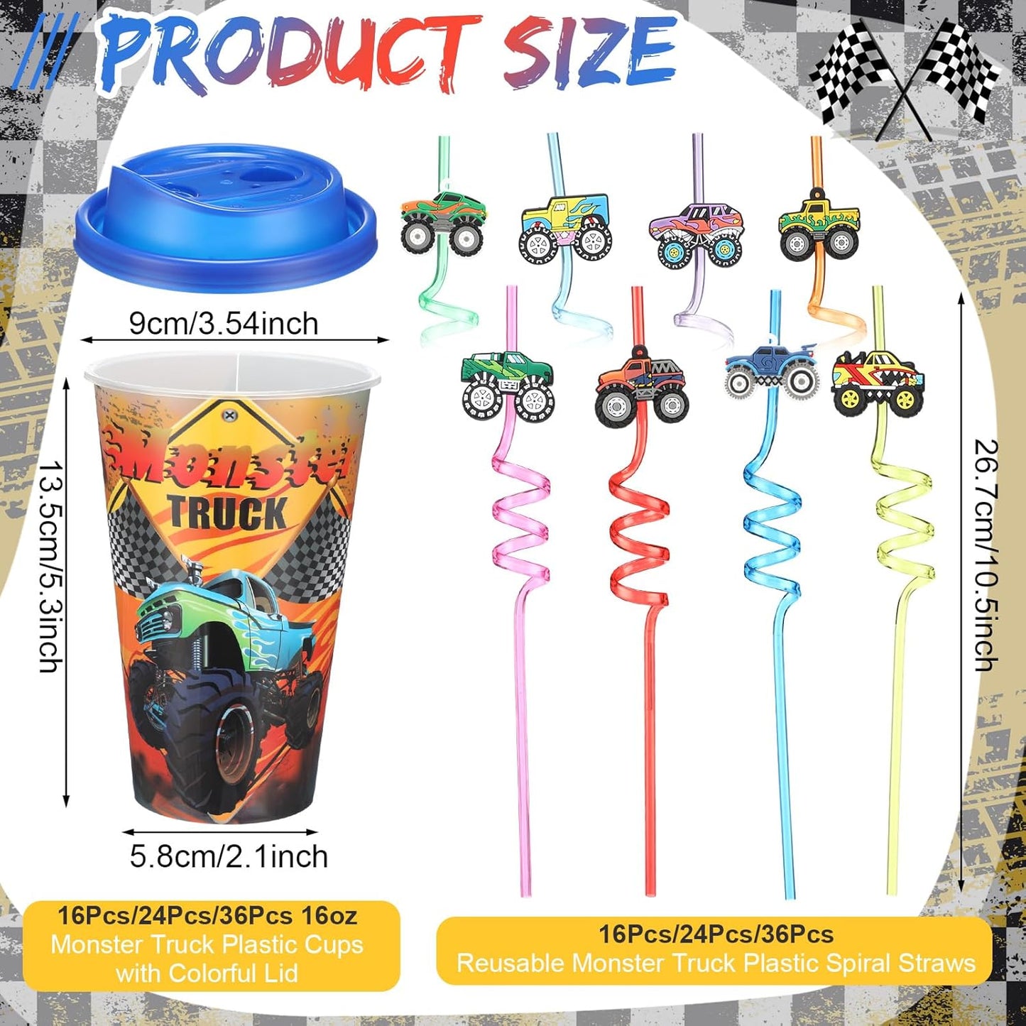 Yungyan 36 Sets Monster Truck Party Favors Goodie Cups with Lids and Straws for Birthday Decorations Reusable 16oz Plastic Candy Cups Plastic Straws for Birthday Party (Truck)