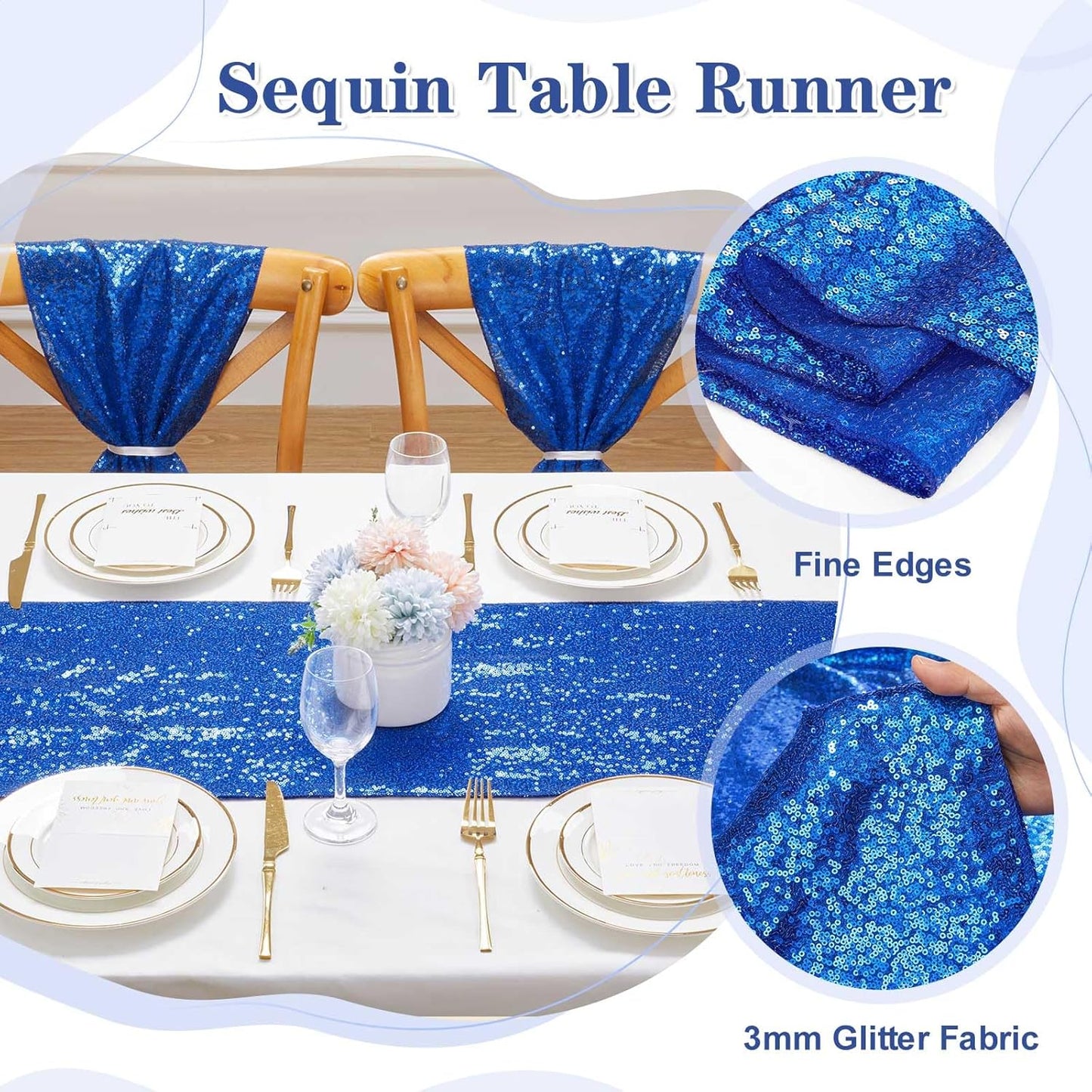 Sequin Table Runners 5 Pieces Royal Blue Table Runners 12x72 Inch Glitter Dining Table Cover for Party Wedding Birthday Reception Banquet Decoration Spring Party Chair Sashes