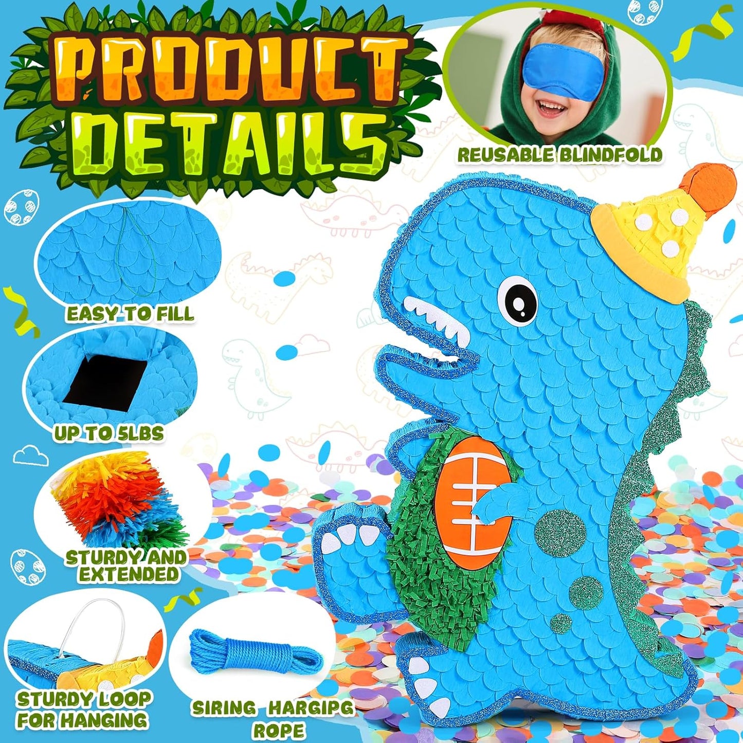 Large Dinosaur Pinata Bundle with a Blindfold, Bat (24 x16.5 x4 Inches), Dino Baby with Football Decorations for Boy Animal Theme Birthday Party