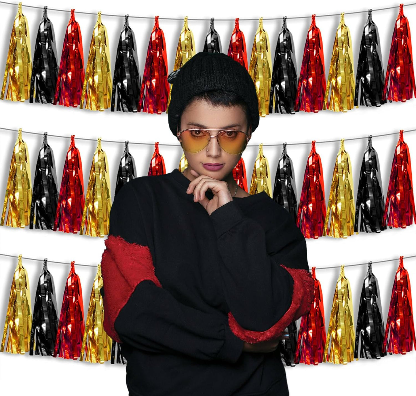 3P Metallic Fringe Banner Garland Foil Tinsel Streamer Wall Hanging Curtain Backdrop Banners for Parade Floats Graduation Decorations, Baby Bridal Shower Party Decoration(Red-Black Gold)