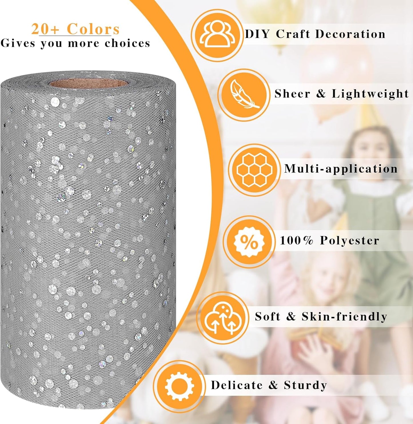 Glitter Tulle Rolls, 6” by 50 Yards (150FT) Sequin Tule Netting Fabric Tulle for Tutu Skirts Sewing Birthday Wedding Party Decoration (Sliver)