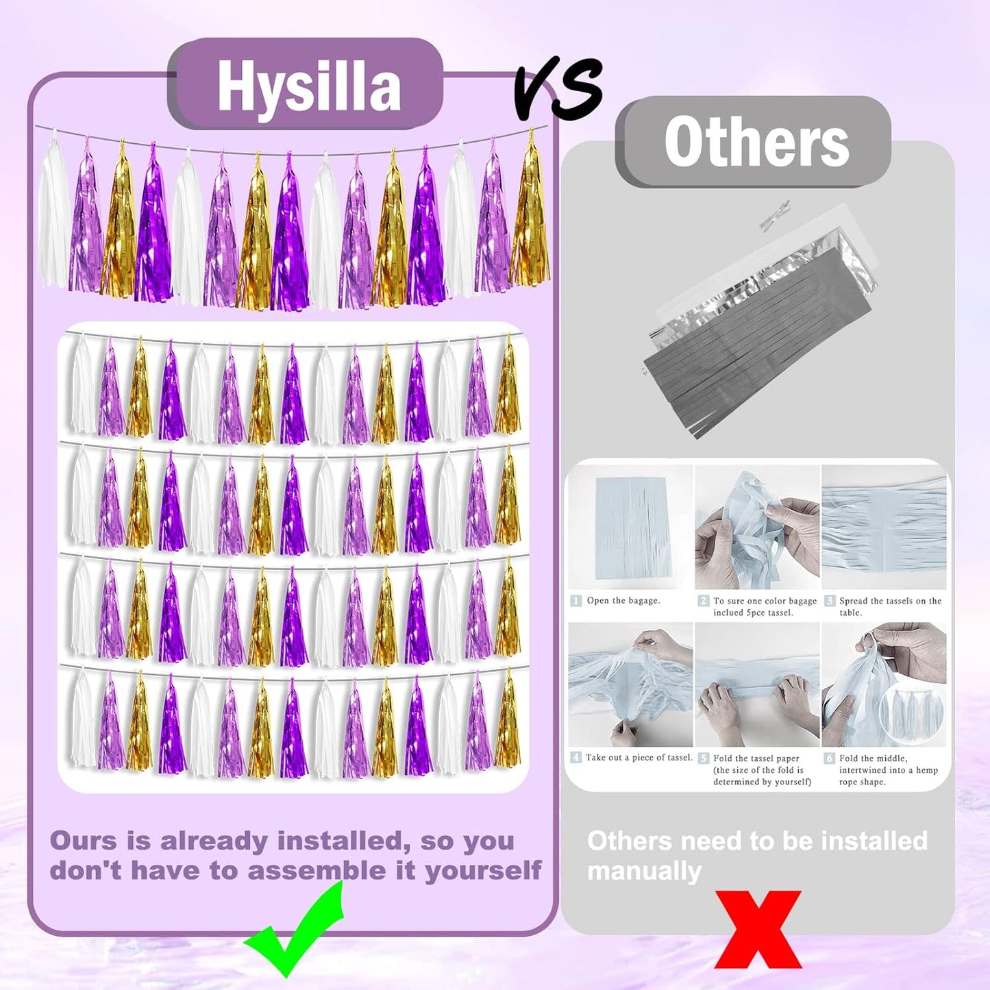 4P Purple-Gold Foil Fringe Metallic Tassel Garland, Tassels Banner Streamers for Parade Floats, Bachelorette, Wedding, Birthday, Halloween, Christmas, Bridal/Baby Shower Party Decorations