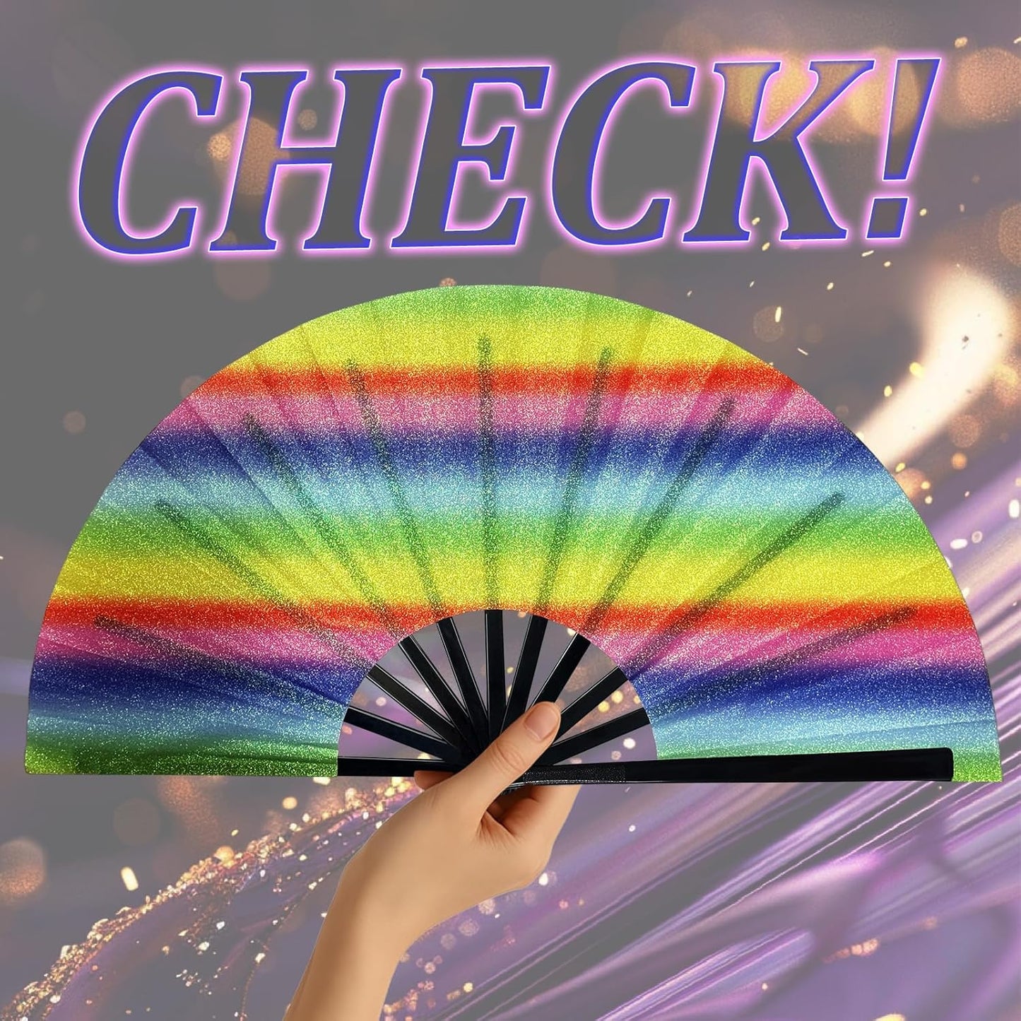 13'' Large Glitter Rave Fan Folding Hand Fans for Men Women Line Dancing Portable Handheld Clack Fan for Festival EDM Party Music Outfit Accessories