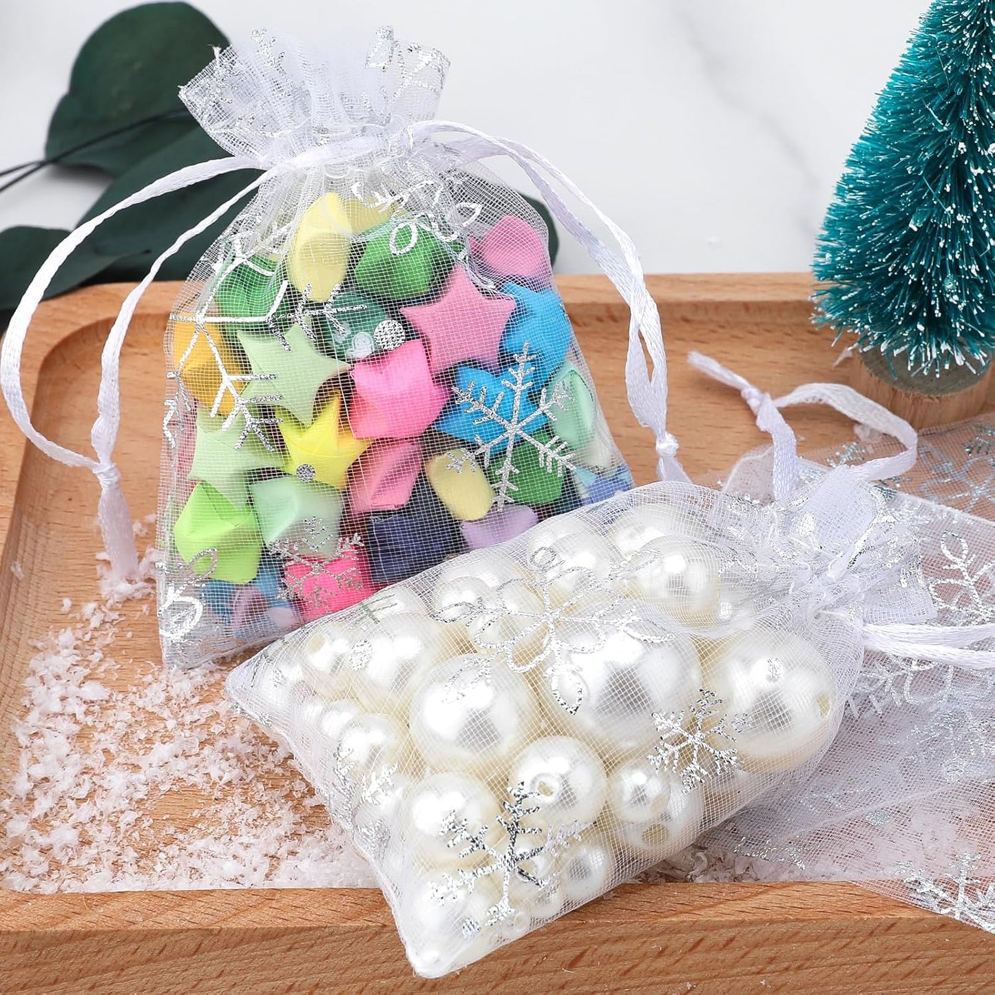 jijAcraft 3x4 Inch Christmas Organza Bags - 50Pcs White Snowflake Gift Bags with Drawstring, Xmas Party Favor Sheer Mesh Pouches for Winter Gift, Candy, Jewelry Bag