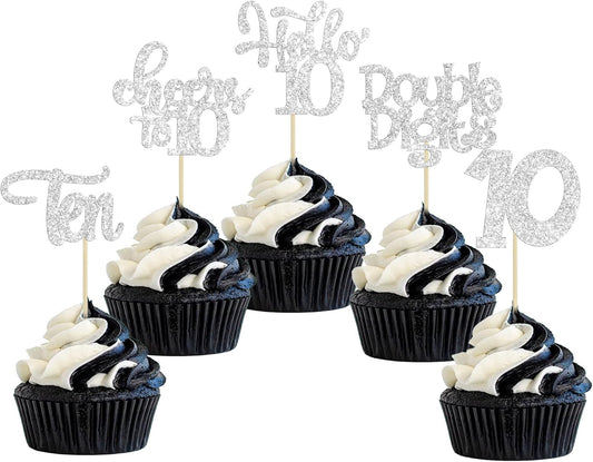 30Pcs 10th Birthday Cupcake Toppers Ten Double Hello 10 Cupcake Picks Cheers to 10 Years Old Cake Decorations for 10th Birthday Party Supplies Silver Glitter