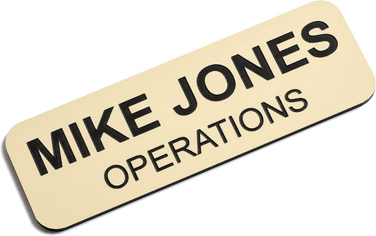 Custom Engraved Name Tag Badges – Personalized Identification with Pin or Magnetic Backing, 1 Inch x 3 Inches, Almond/Black