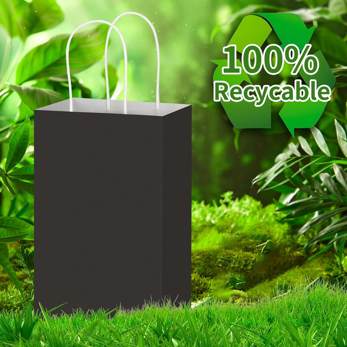 Toovip 50 Pack 5.25x3.25x8.25 Inch Small Black Kraft Paper Bags with Handles Bulk, Gift Wrap Bags for Favor Grocery Retail Party Birthday Shopping Business Goody Craft Merchandise Take Out Cub Sacks