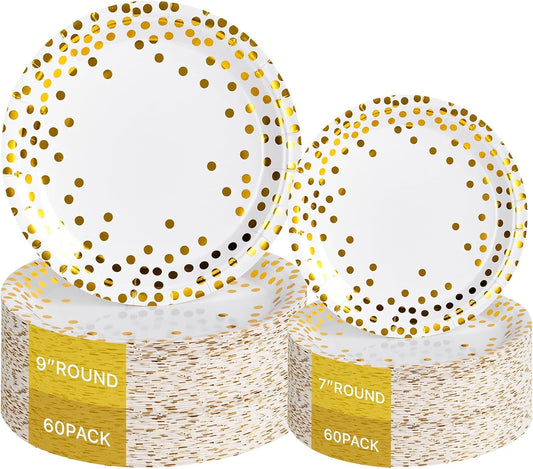 Lullaby 120PCS White Paper Plates, Disposable Gold Paper Plates, 60pcs Dinner Plates 9"，60pcs Dessert Plates 7", Party Plates with Golden Dot for Birthday, Gathering and Graduation
