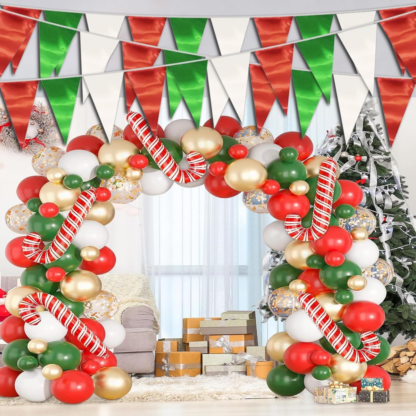 20M/65FT White Green Red Triangle Pennant Banner Flag Metallic Fabric Bunting Garland for Christmas Italy Mexican Birthday Baby Shower Wedding Banners,New Years Winter Decor Ouruola