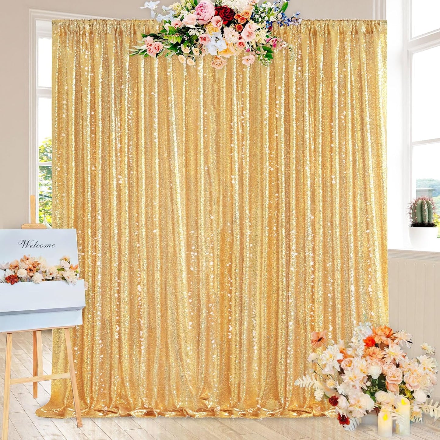 QueenDream Gold Sequin Backdrop Curtain Party Decorations: 10ft x 10ft Glitter Background Sequin Fabric for Wedding Birthday Ceremony