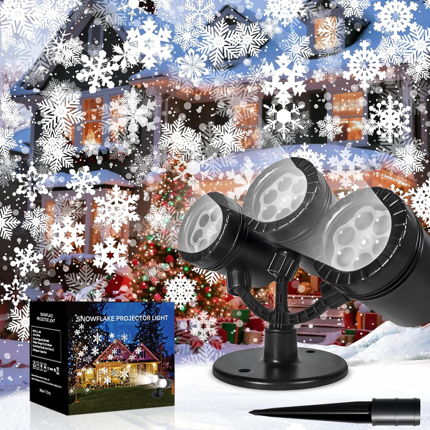 Christmas Snowflake Projector Lights Outdoor, Timing Mode Upgrade 3-Head Snowflake Projector, Waterproof Landscape Lighting Projection Lamp for Xmas Holiday Party Yard Garden Wedding