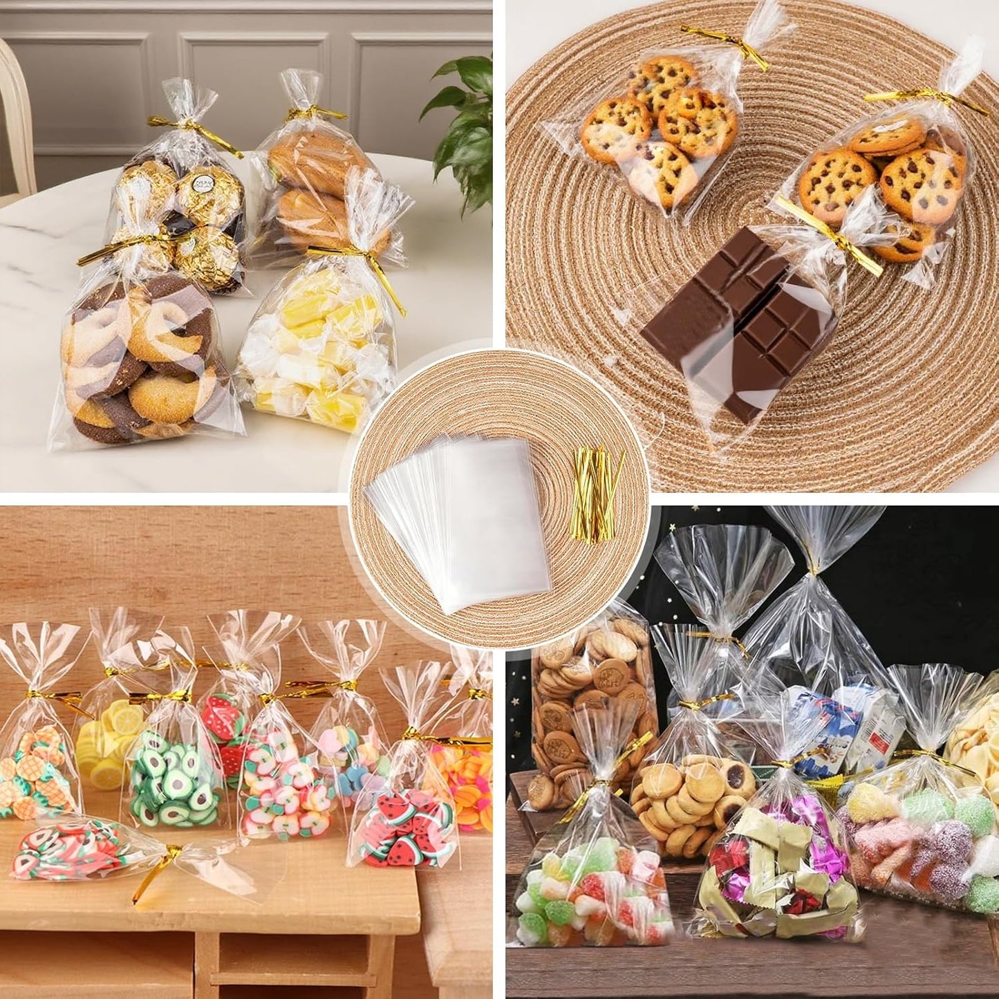 ZHEWTOEN 100 Pcs 6x9 Inch Clear Cellophane Bags with Color Twist Ties, Plastic Goodie Cello Treat Bags for Candy, Cookies, Popcorn, Small Gift Wrapping, Party Favors, Bakery Packaging