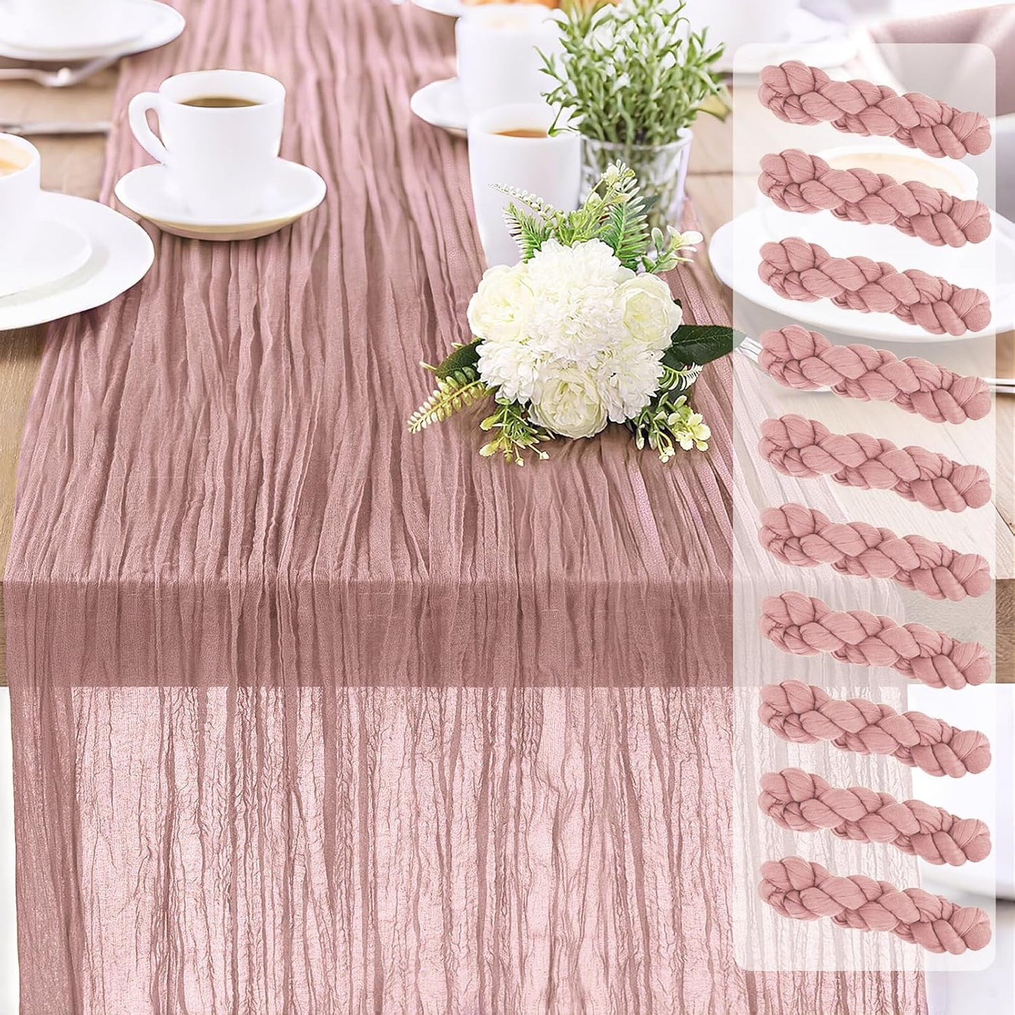 10-Pack Dusty Pink Cheesecloth Table Runners – 10FT (35x120 Inch) Boho Rustic Gauze Fabric Cheese Cloth Table Runner for Weddings, Baby Showers, Bridal Shower, Farmhouse & Birthday Party Decor