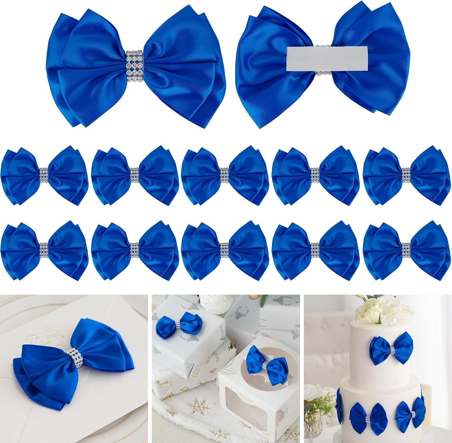 Royal Satin Bows 4'' Premade Blue Ribbon Bow, Gift Bows with Rhinestone, Wrapping Bows for Presents, Greeting Cards, Treat Bags, Wine Bottles, Valentines Bows for Gift Wrapping-12 Counts