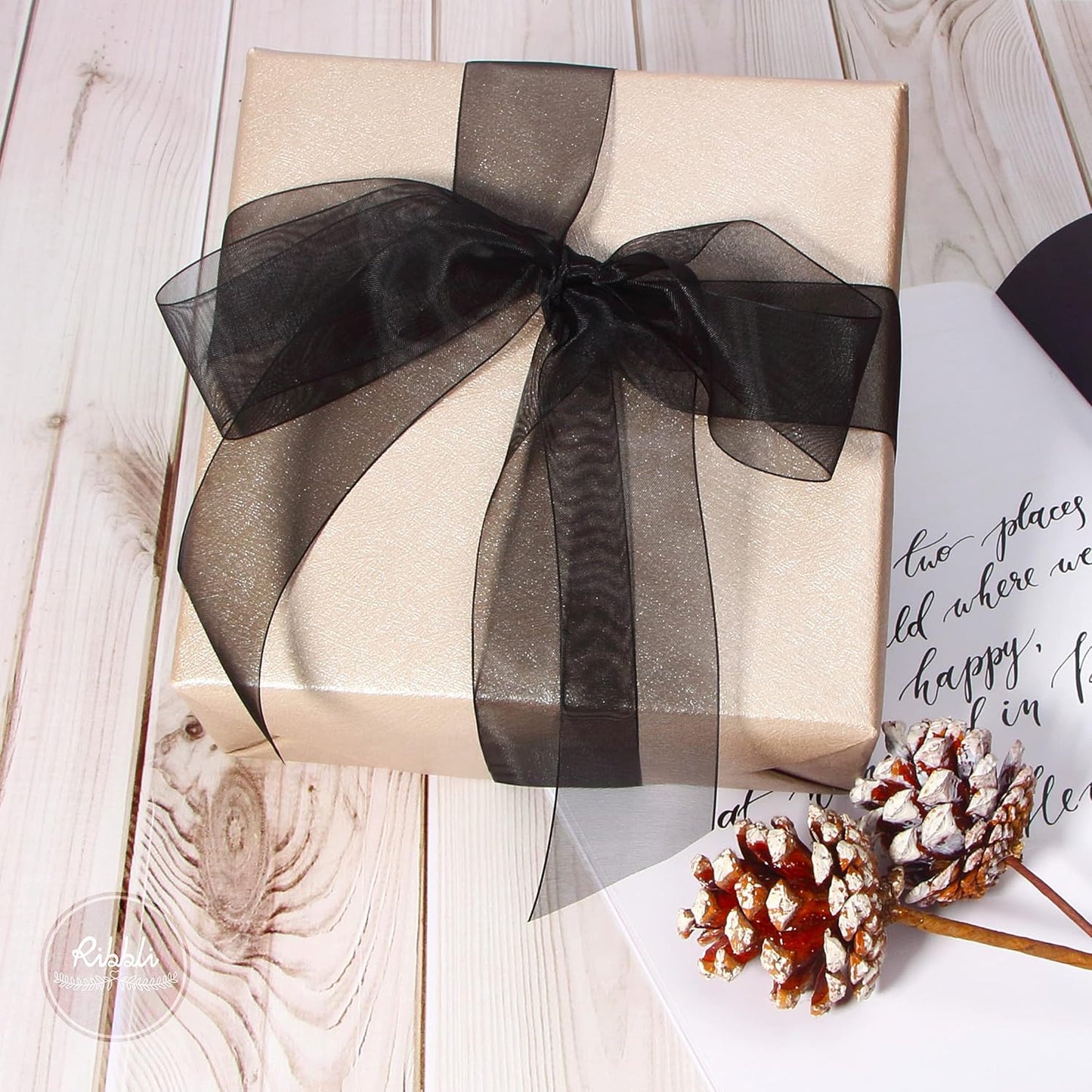 Ribbli Black Sheer Organza Ribbon,1-1/2 Inches x Continuous 50 Yard Use for Gift Wrapping,Bouquet Wrapping,Wedding Decoration,All Crafting and Sewing