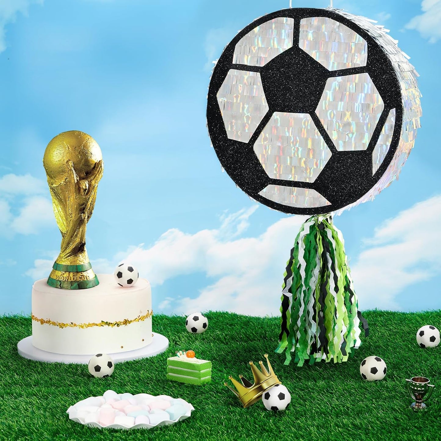 WERNNSAI Soccer Ball Piñata-Soccer Party decoration Piñata with Blindfold Bat for Kids Sports Themed Birthday Party Supplies Mirror Roller Skating Pull String