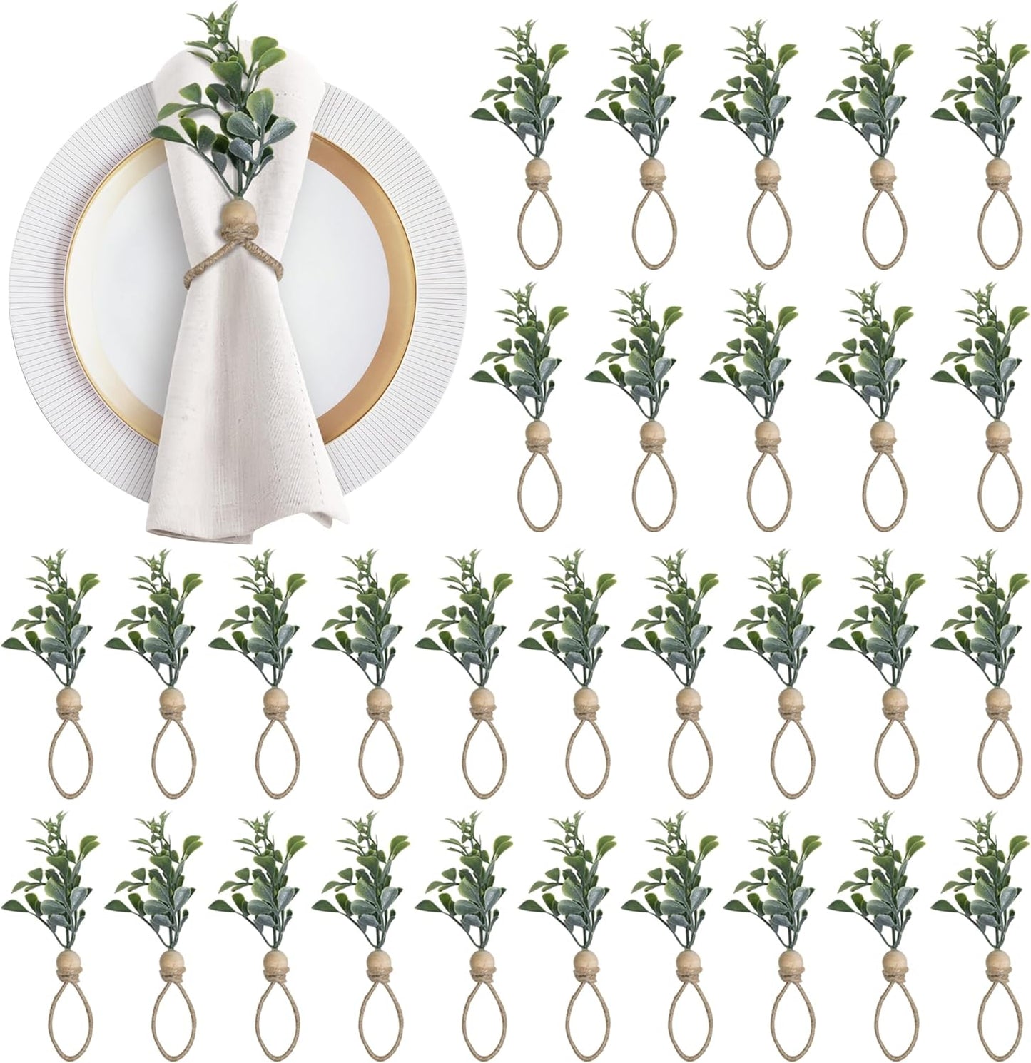 MAOANME Napkin Rings Set of 30, Rustic Eucalyptus Napkin Holder Rings with Wood Bead, Farmhouse Green Leaf Napkin Ring Bulk, Boho Napkin Ring for Wedding, Table Decor