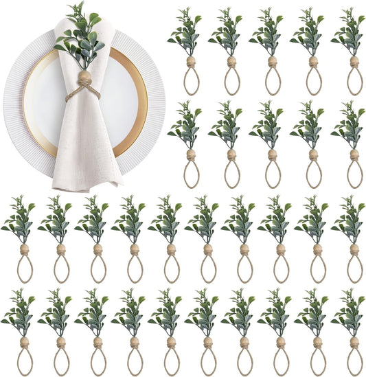 MAOANME Napkin Rings Set of 30, Rustic Eucalyptus Napkin Holder Rings with Wood Bead, Farmhouse Green Leaf Napkin Ring Bulk, Boho Napkin Ring for Wedding, Table Decor