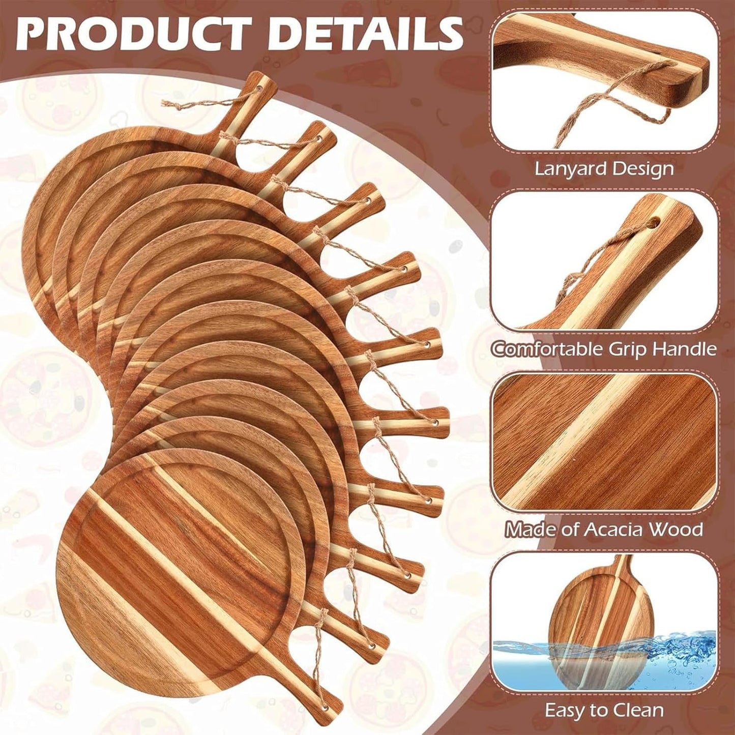 Pizza Boards with Handle 14 inch,Pizza Cutting Board Set of 6,Acacia Wood Pizza Peel 14 inch,Pizza Serving Tray Wood,Wooden Pizza Paddle Round,Small Charcuterie Boards for Cheese,Bread & Meat