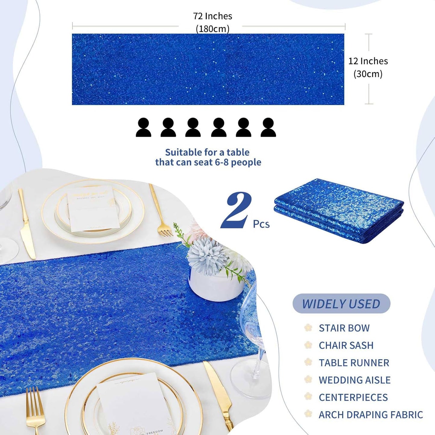 Sequin Table Runners 2 Pieces Royal Blue Table Runners 12x72 Inch Glitter Dining Table Cover for Party Wedding Birthday Reception Banquet Decoration Spring Party Chair Sashes