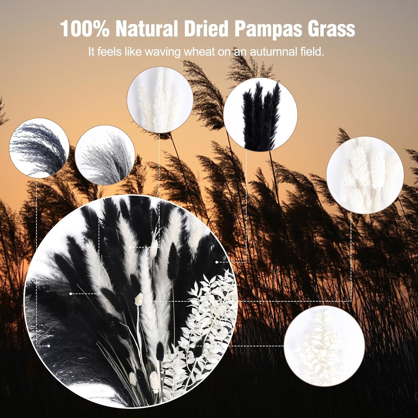 102PCS Black Pampas Grass Decor, Grey White Natural Dried Pampas Grass Bulk, Boho Home Decor Bouquet, Black and White Dried Flowers Decor, Halloween Wedding Floral Arrangements Vases Decorations