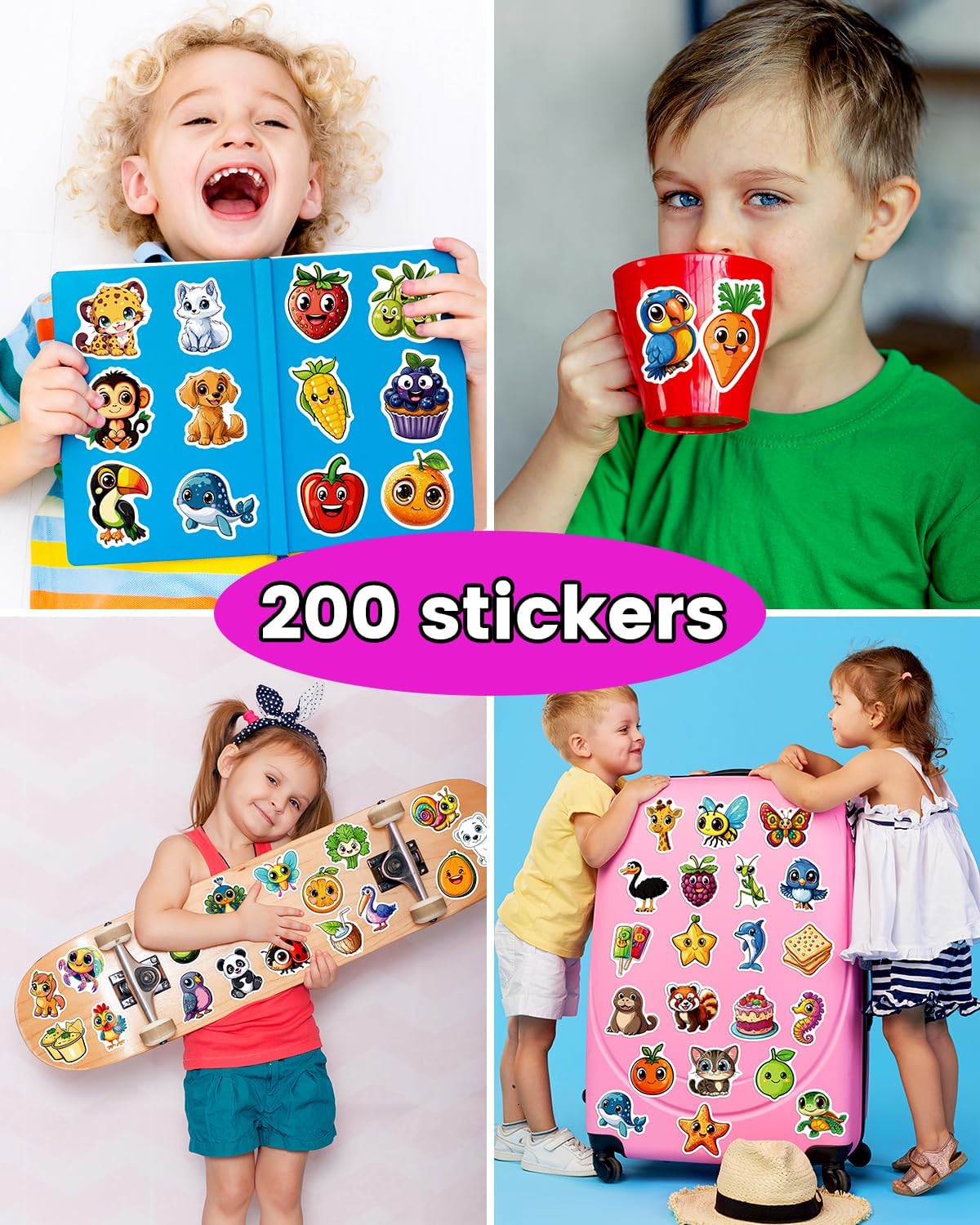 JCFIRE 200PCS Stickers for Kids, Waterproof Cute Mixed Animal Food Vinyl Scrapbook Stickers for Water Bottle, Book, Laptop, Goodie Bags Stuffers Kids Party Favors, Classroom Supplies Must Haves