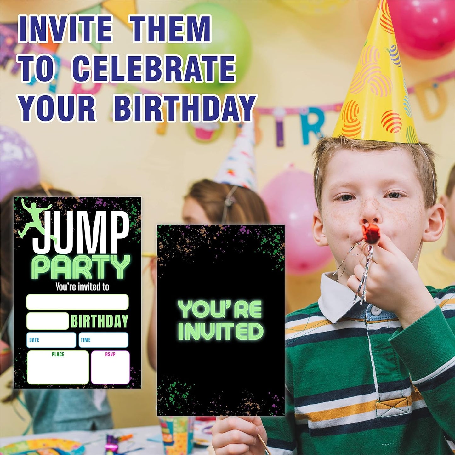 Jump Party Birthday Invitations, Glow Trampoline Birthday Party Invite Cards（20 Count) With Envelopes, Fill In Style Invite Cards For Boys & Girls, Birthday Party Supplies-B01