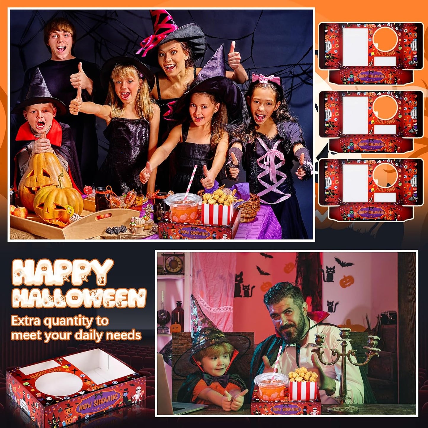 Faccito 36 Pcs Movie Night Snack Trays Movie Theater Snack Boxes Night Supply Disposable Paper Holder Tray for Popcorn Food Candy Drink Party 8 x 6 Inch (Red Black,Pumpkin Style)