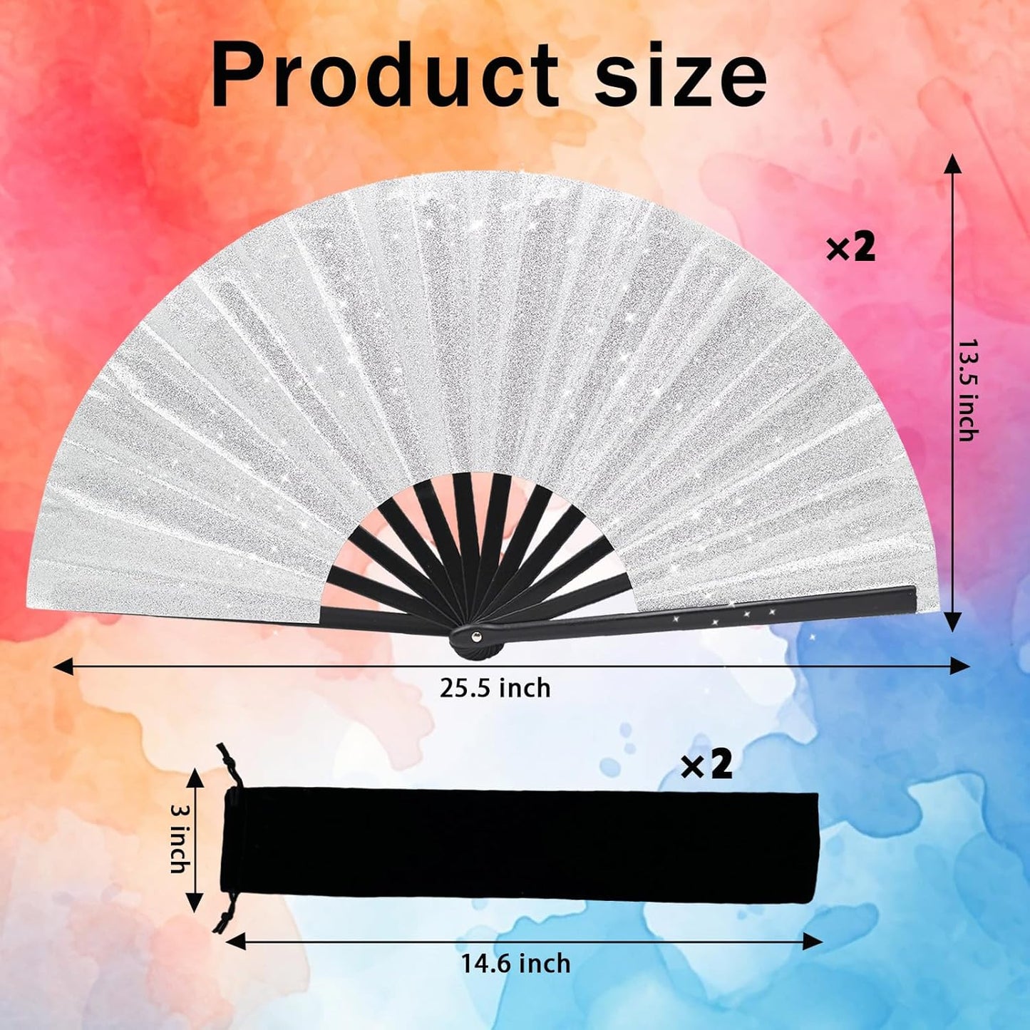 Glitter bling Large Folding Fan-Hand Fan Rave Clack Popping Fan for Line Dancing Clacking Fans for Boots On The Ground Dance, Party for EDM, Music Festival, Hot Flashes, Party, Decoration(2pcs silver)