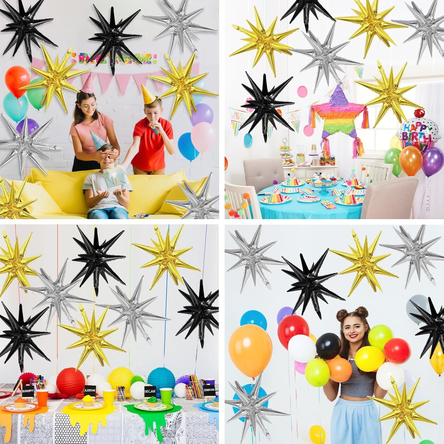 Black Gold Silver Star Balloons,9Pcs 22Inch Black Silver Gold Explosion Spike Cone Helium Polyester Film Star Foil Balloons for Birthday Anniversary Baby Shower Disco Party Decorations