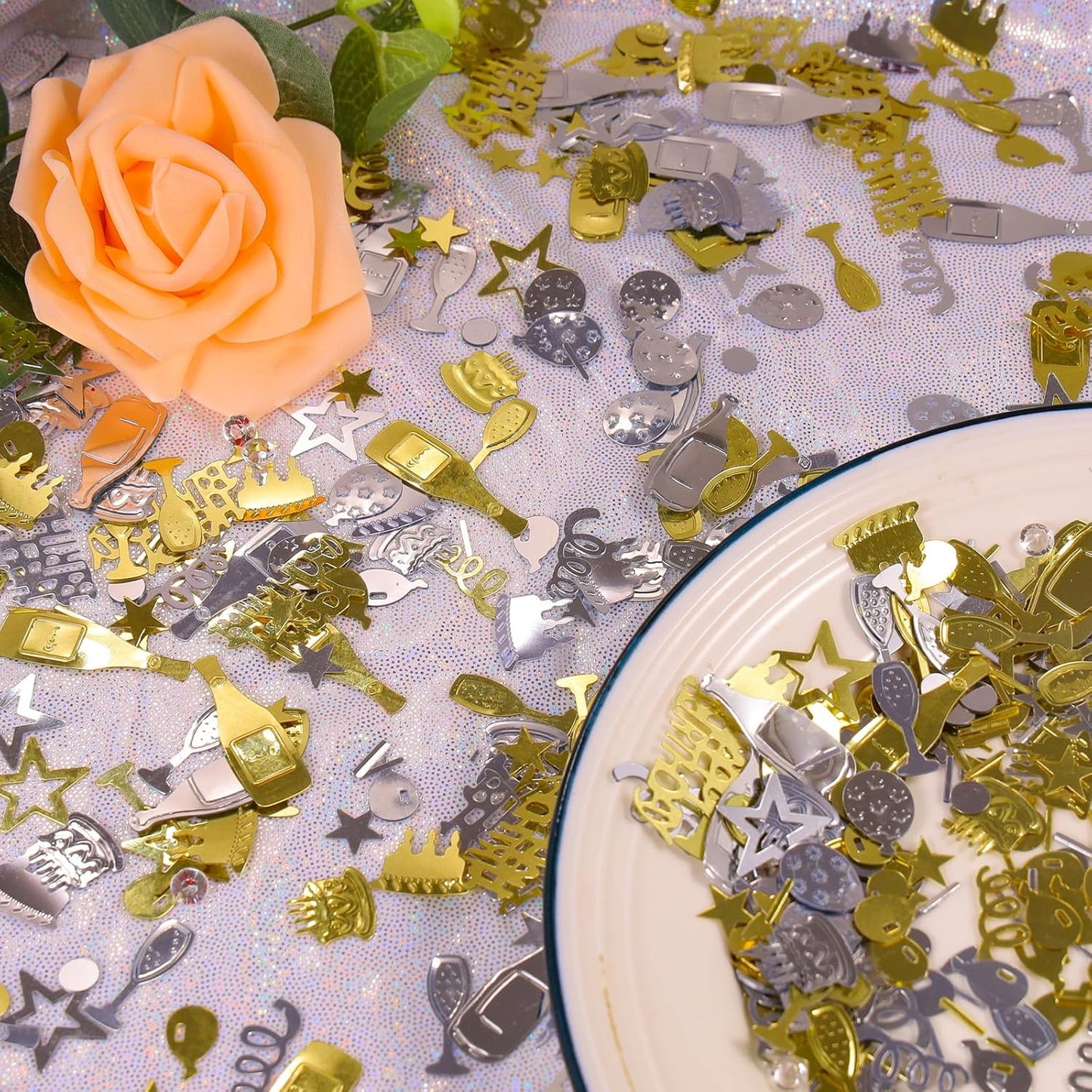Light Gold and Silver Happy Birthday Confetti, 3000 Pcs Birthday Cake Table Metallic Foil Confetti Party Table Decor for Party, Baby Shower, DIY Arts and Crafting