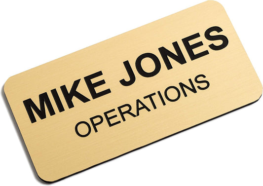 Custom Engraved Name Tag Badges – Personalized Identification with Pin or Magnetic Backing, 1.5 Inches x 3 Inches, European Gold/Black