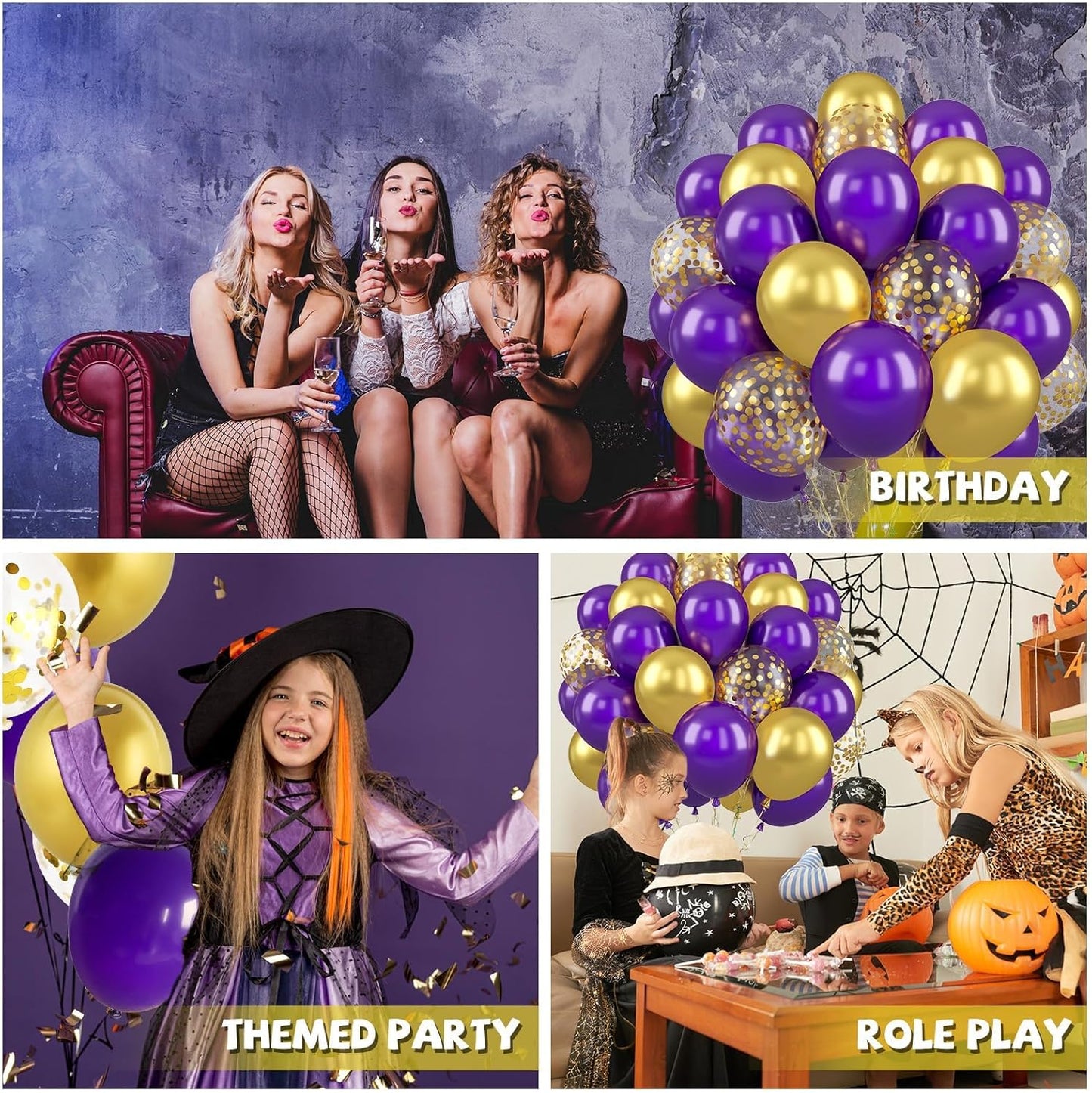 Paready Purple and Gold Balloons, 50 Pcs Dark Purple Party Balloons, 12 Inch Retro Purple Metallic Gold Confetti Balloons Helium for Graduation Wedding Bridal Baby Shower Birthday Party Decorations