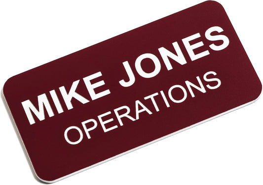 Custom Engraved Name Tag Badges – Personalized Identification with Pin or Magnetic Backing, 1.5 Inches x 3 Inches, Claret/White